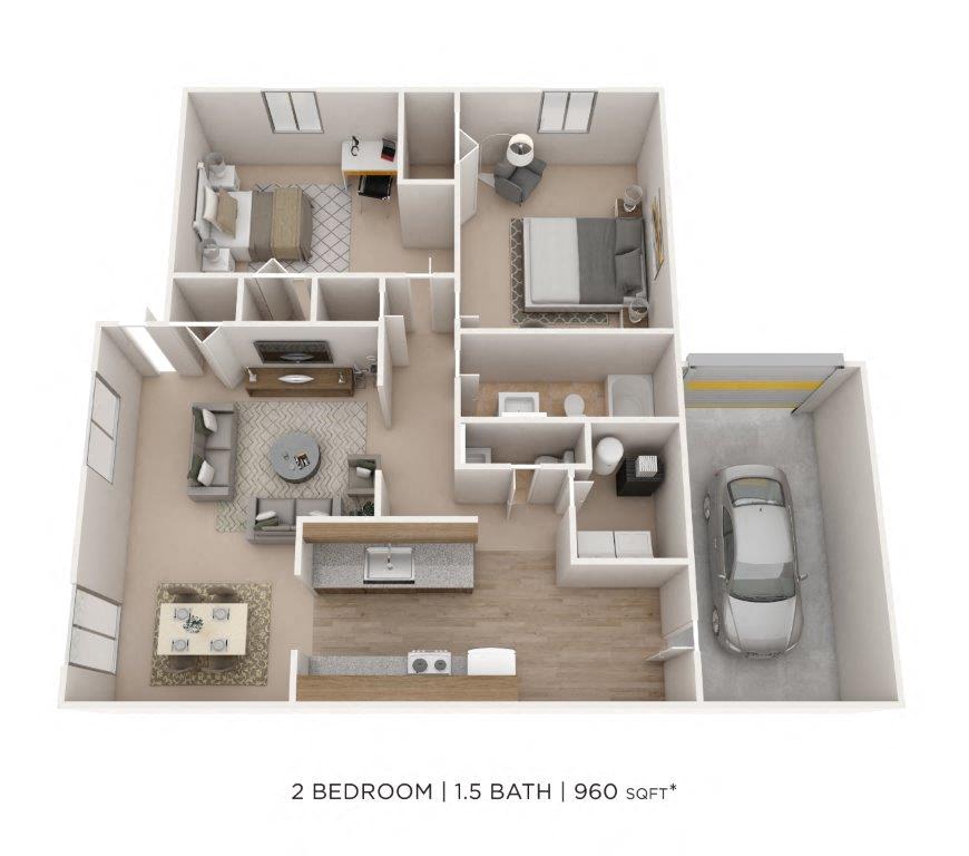 Floor plan for 2 beds, 1.5 baths, 960 sqft