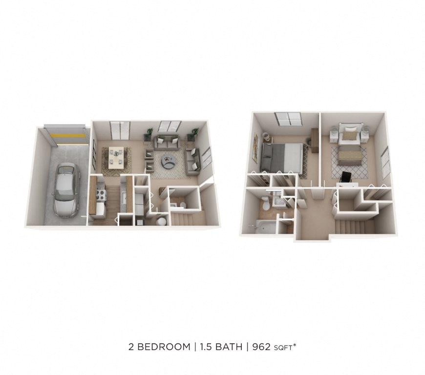 Floor plan for 2 beds, 1.5 baths, 962 sqft