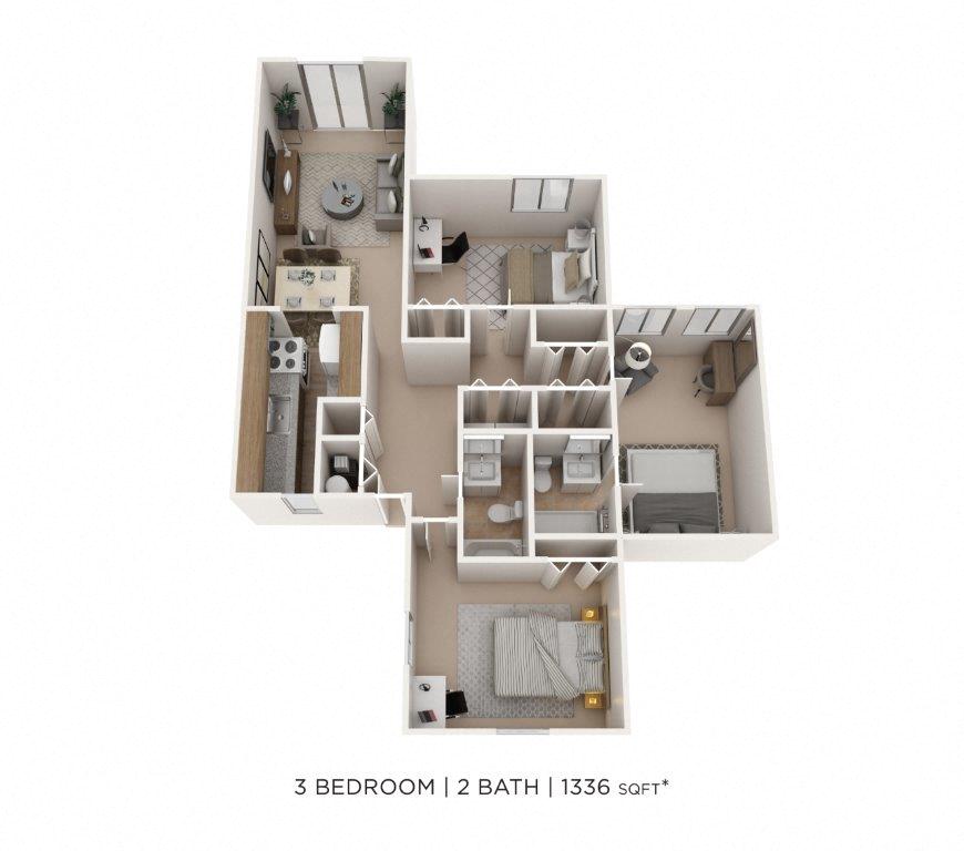 Floor plan for 3 beds, 2 baths, 1336 sqft