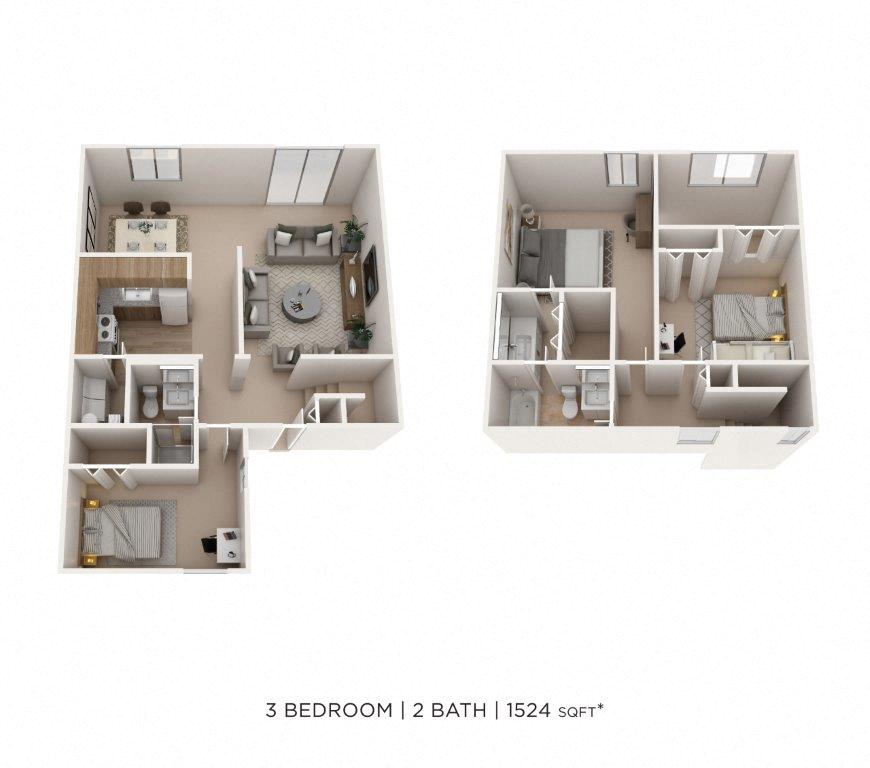Floor plan for 3 beds, 2 baths, 1524 sqft
