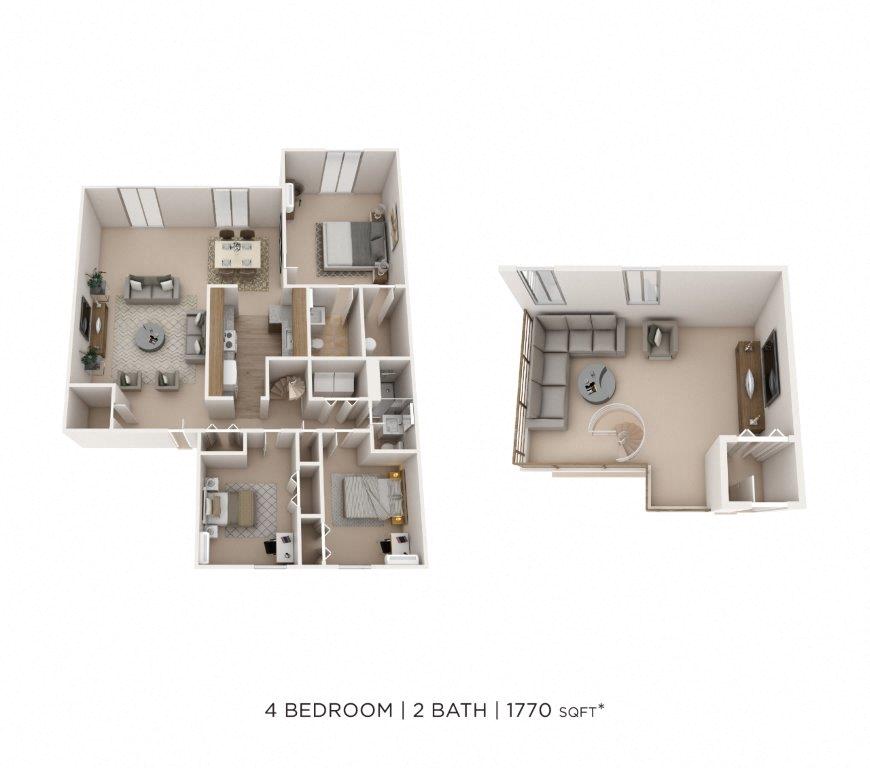Floor plan for 4 beds, 2 baths, 1770 sqft