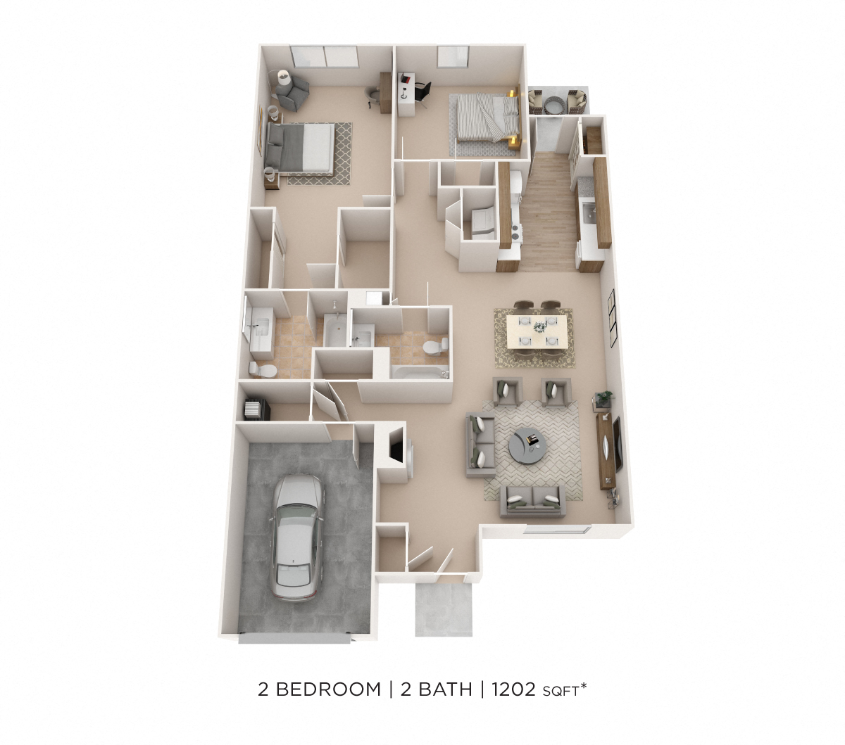 Floor plan for 2 beds, 2 baths, 1202 sqft