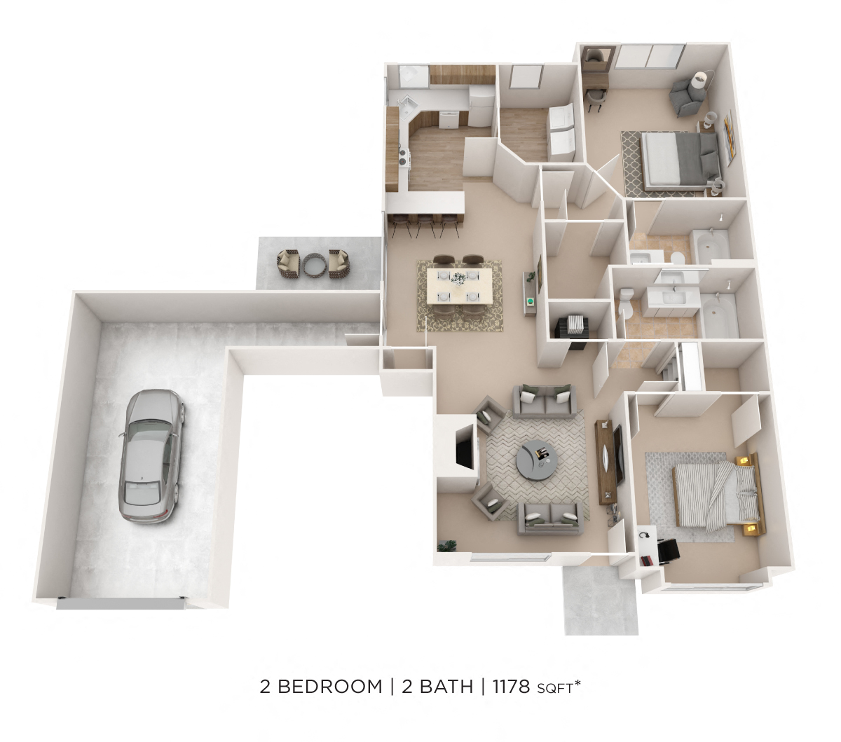 Floor plan for 2 beds, 2 baths, 1178 sqft