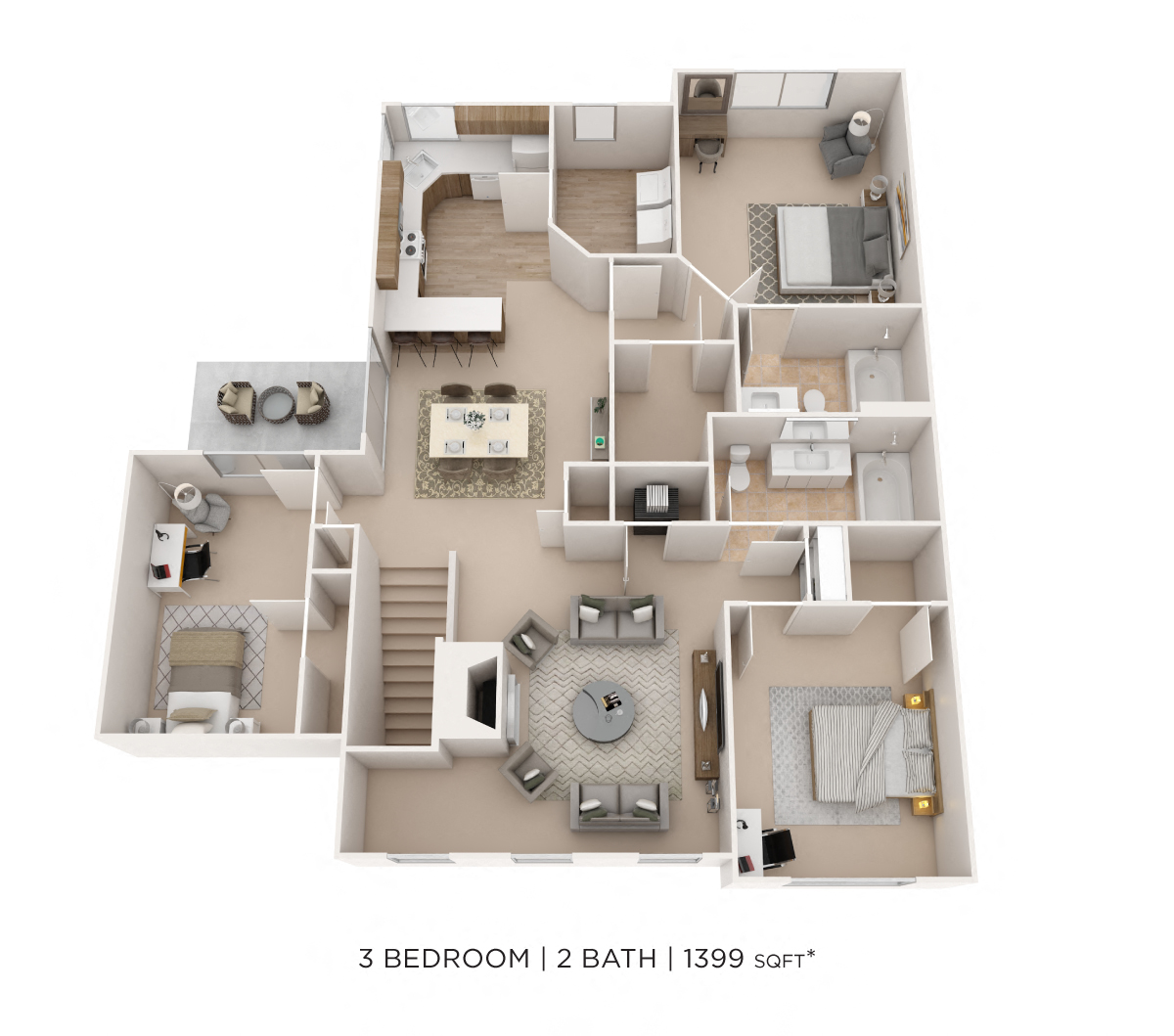 Floor plan for 3 beds, 2 baths, 1399 sqft