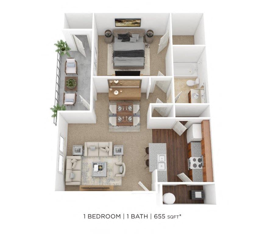 Floor plan for 1 bed, 1 bath, 655 sqft