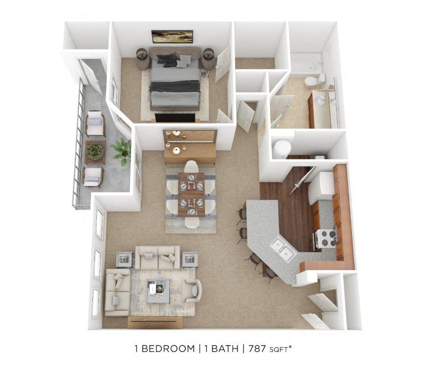 Floor plan for 1 bed, 1 bath, 787 sqft