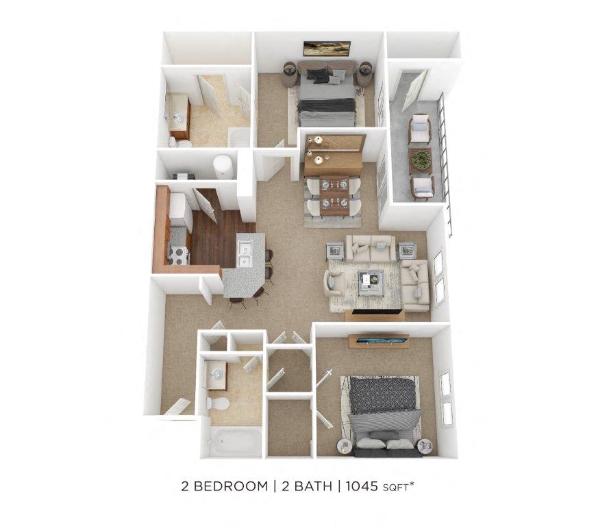 Floor plan for 2 beds, 2 baths, 1045 sqft
