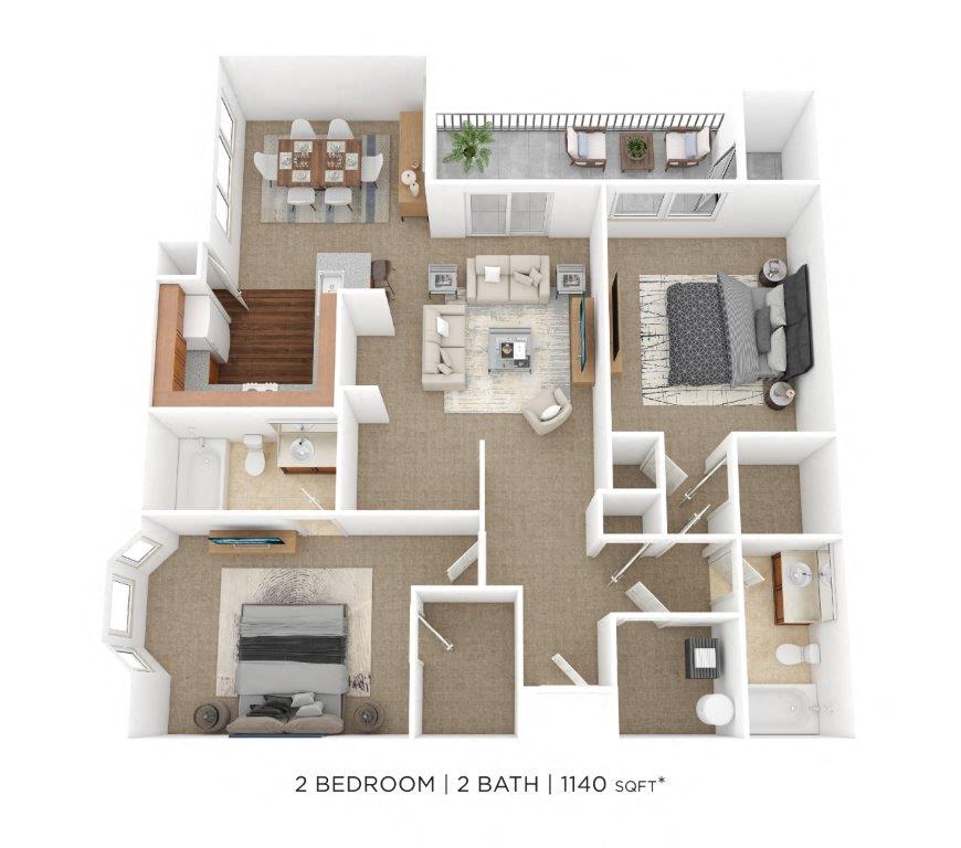 Floor plan for 2 beds, 2 baths, 1140 sqft