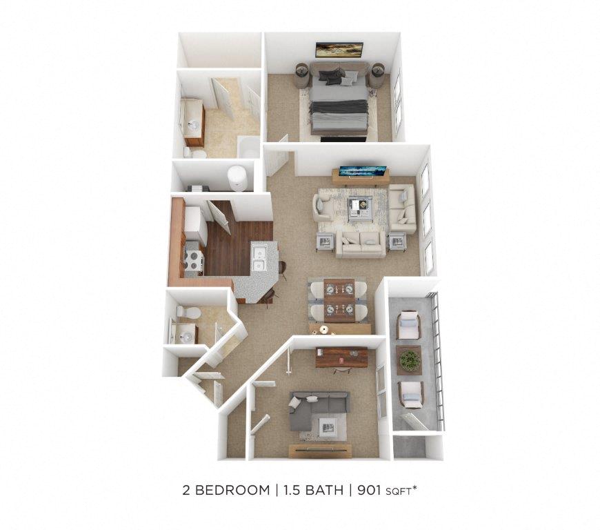 Floor plan for 2 beds, 1.5 baths, 901 sqft