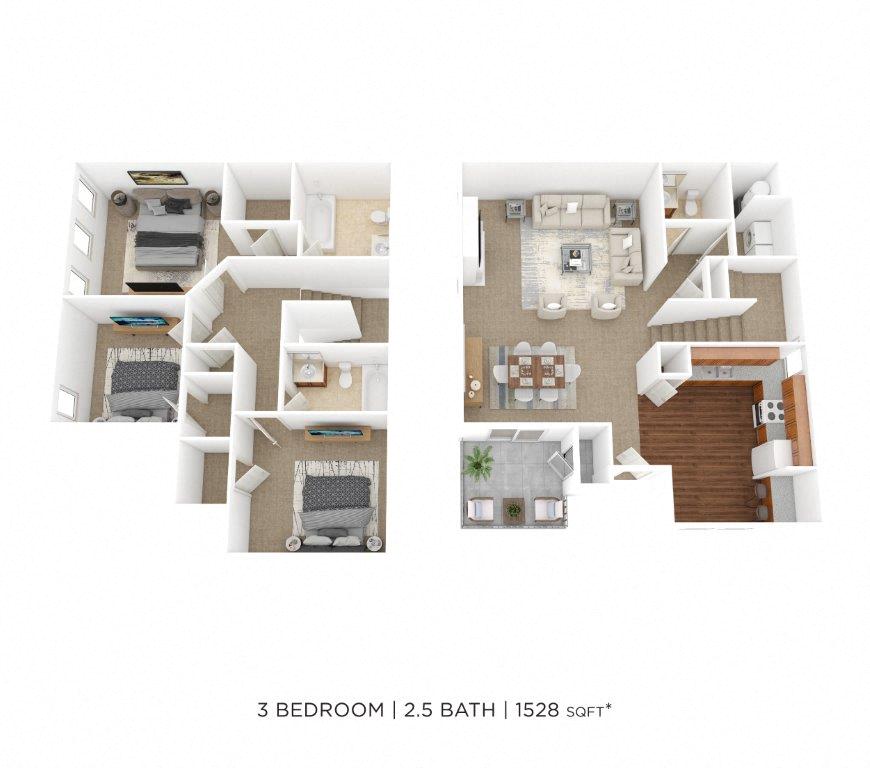 Floor plan for 3 beds, 2.5 baths, 1528 sqft