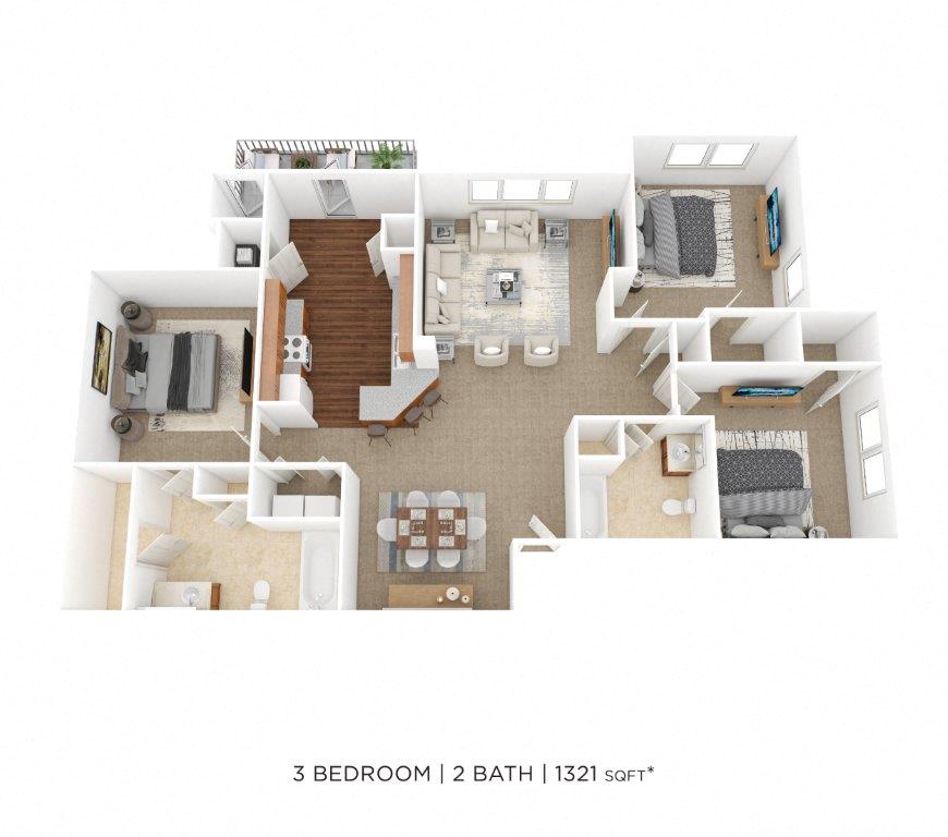 Floor plan for 3 beds, 2 baths, 1321 sqft