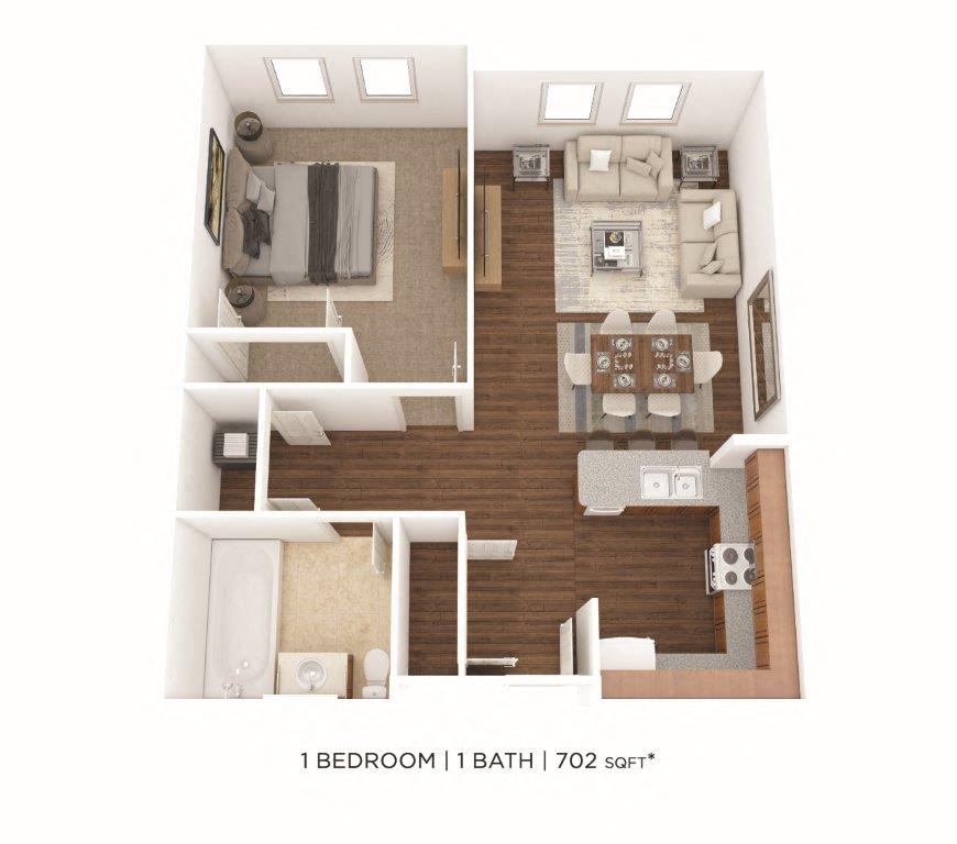 Floor plan for 1 bed, 1 bath, 702 sqft