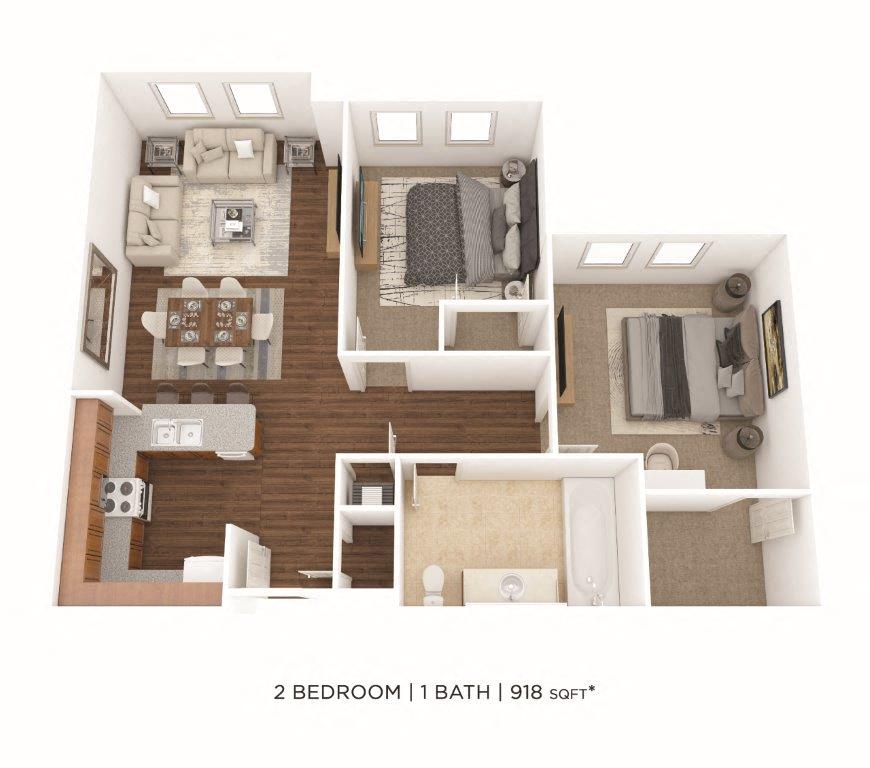 Floor plan for 2 beds, 1 bath, 918 sqft