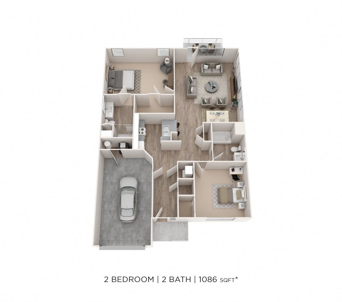 Floor plan for 2 beds, 2 baths, 1086 sqft