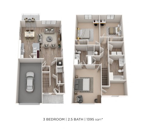 Floor plan for 3 beds, 2.5 baths, 1405 sqft