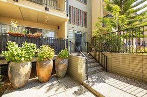 Oakland apartment for rent - Three large pots with green plants in front of a building.