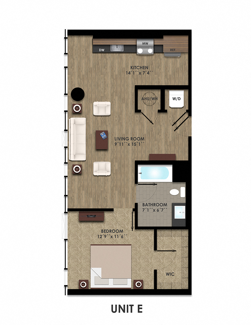 Floor plan for 1 bed, 1 bath, 724 sqft
