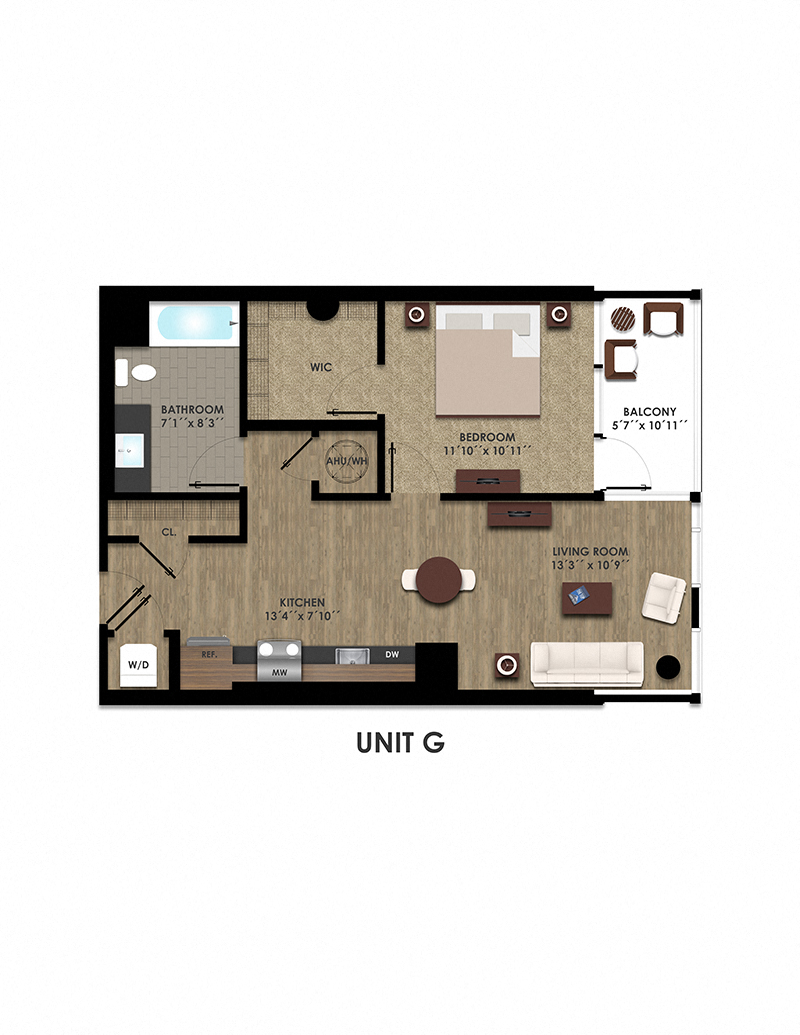 Floor plan for 1 bed, 1 bath, 721 sqft