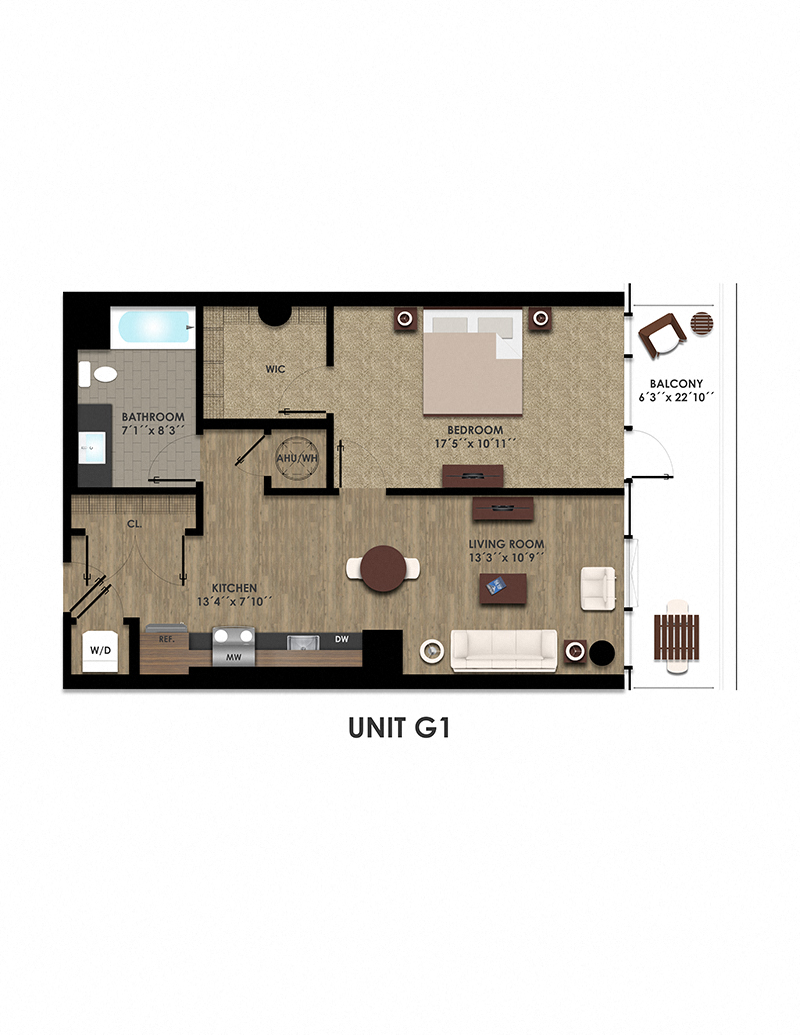 Floor plan for 1 bed, 1 bath, 782 sqft