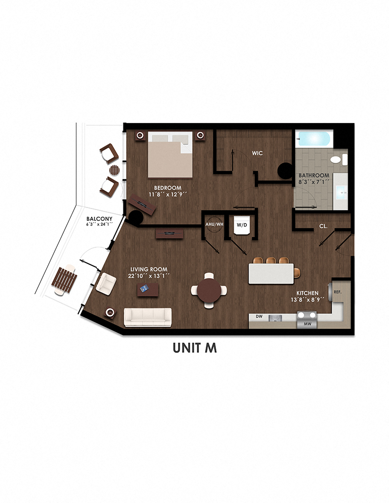 Floor plan for 1 bed, 1 bath, 908 sqft