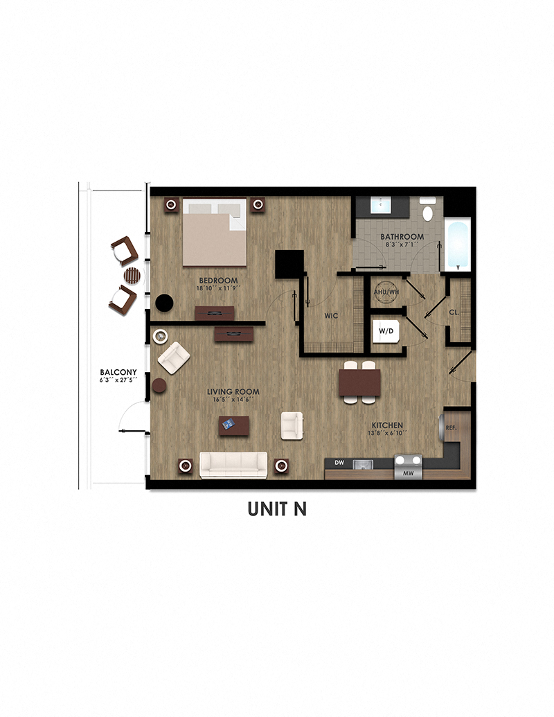 Floor plan for 1 bed, 1 bath, 858 sqft