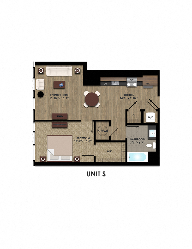 Floor plan for 1 bed, 1 bath, 723 sqft