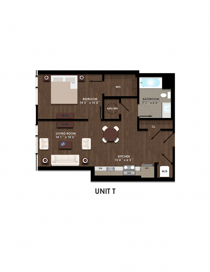 Floor plan for 1 bed, 1 bath, 686 sqft