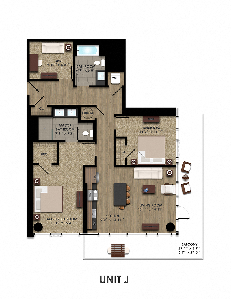 Floor plan for 2 beds, 2 baths, 1295 sqft