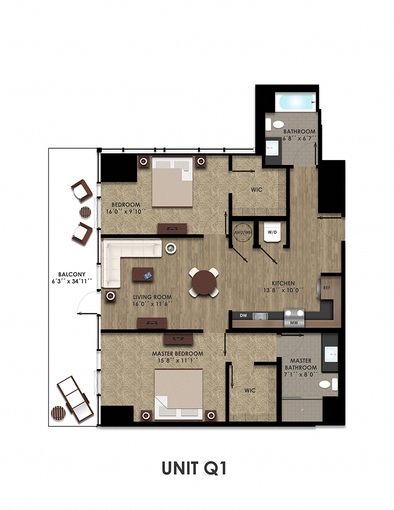 Floor plan for 2 beds, 2 baths, 1126 sqft