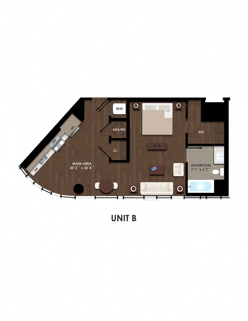 Floor plan for studio, 1 bath, 652 sqft