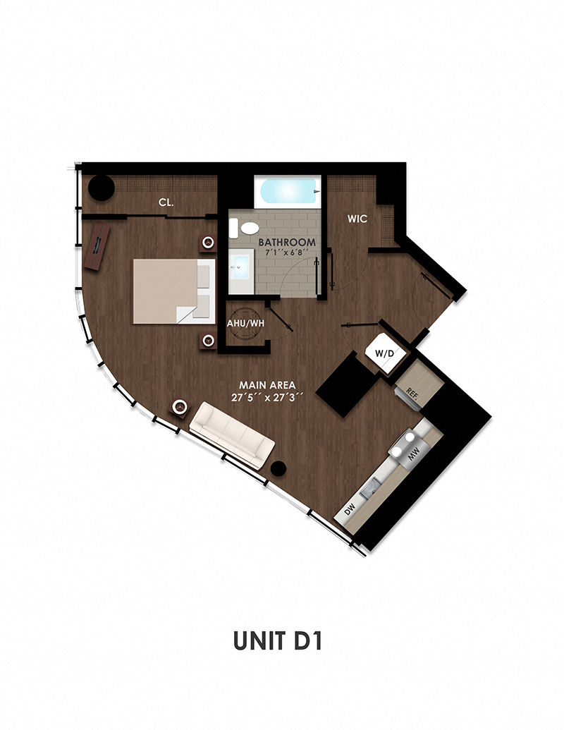 Floor plan for studio, 1 bath, 621 sqft