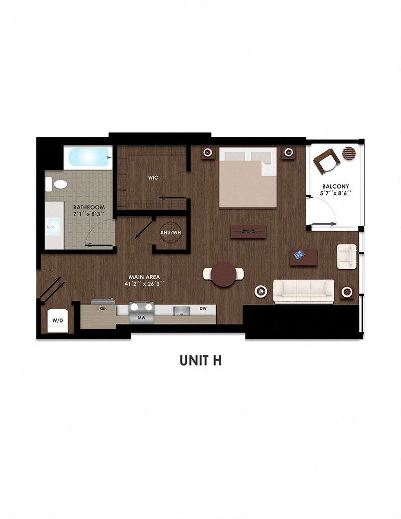Floor plan for studio, 1 bath, 668 sqft