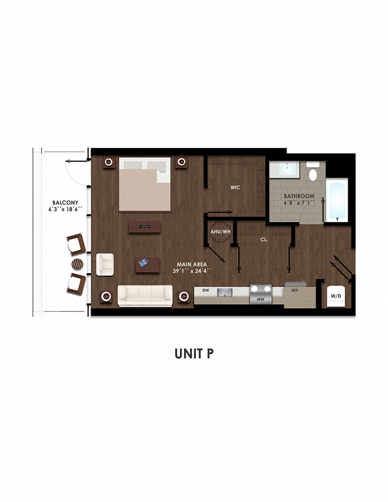 Floor plan for studio, 1 bath, 579 sqft