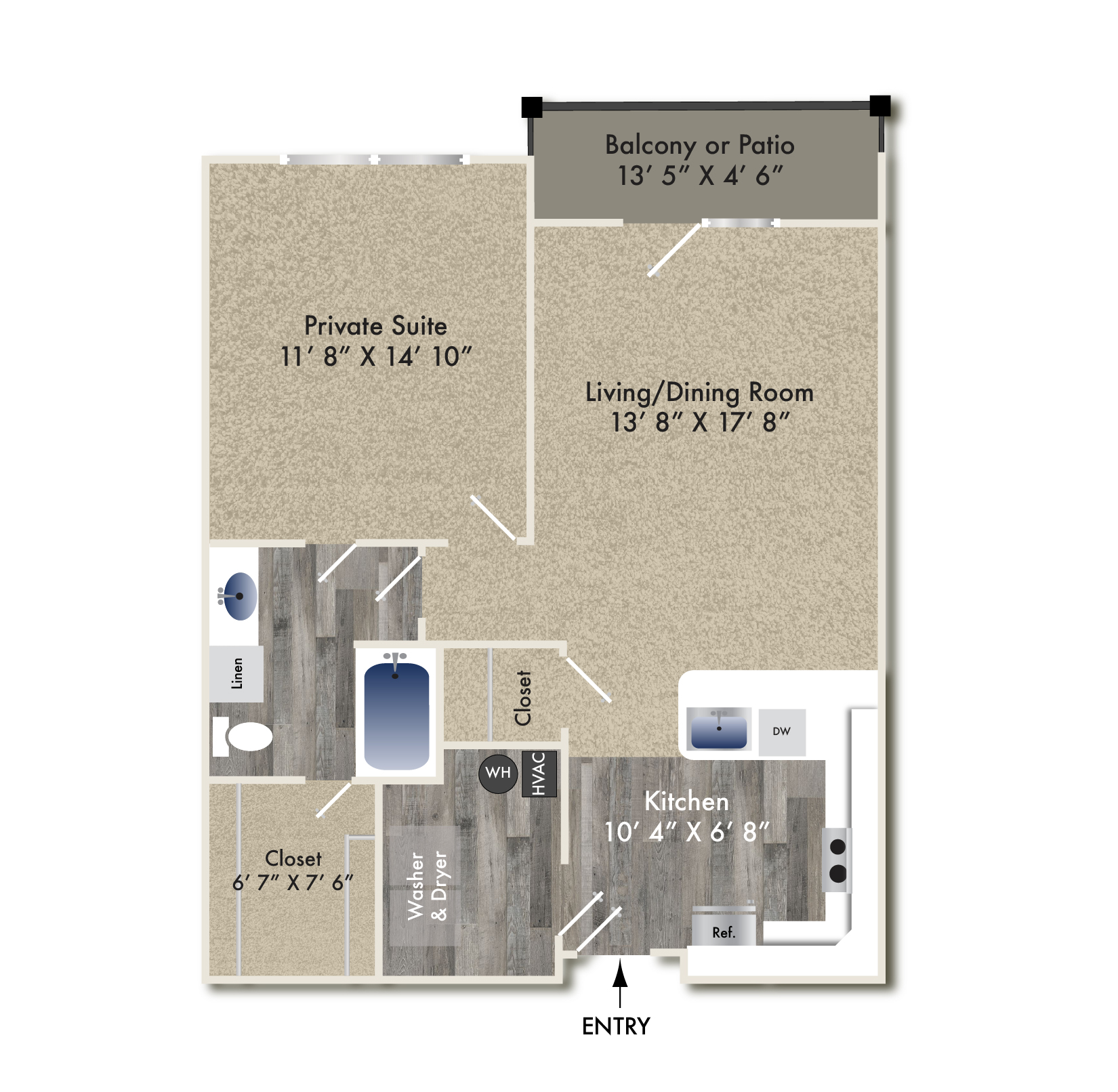 Floor plan for 1 bed, 1 bath, 825 sqft