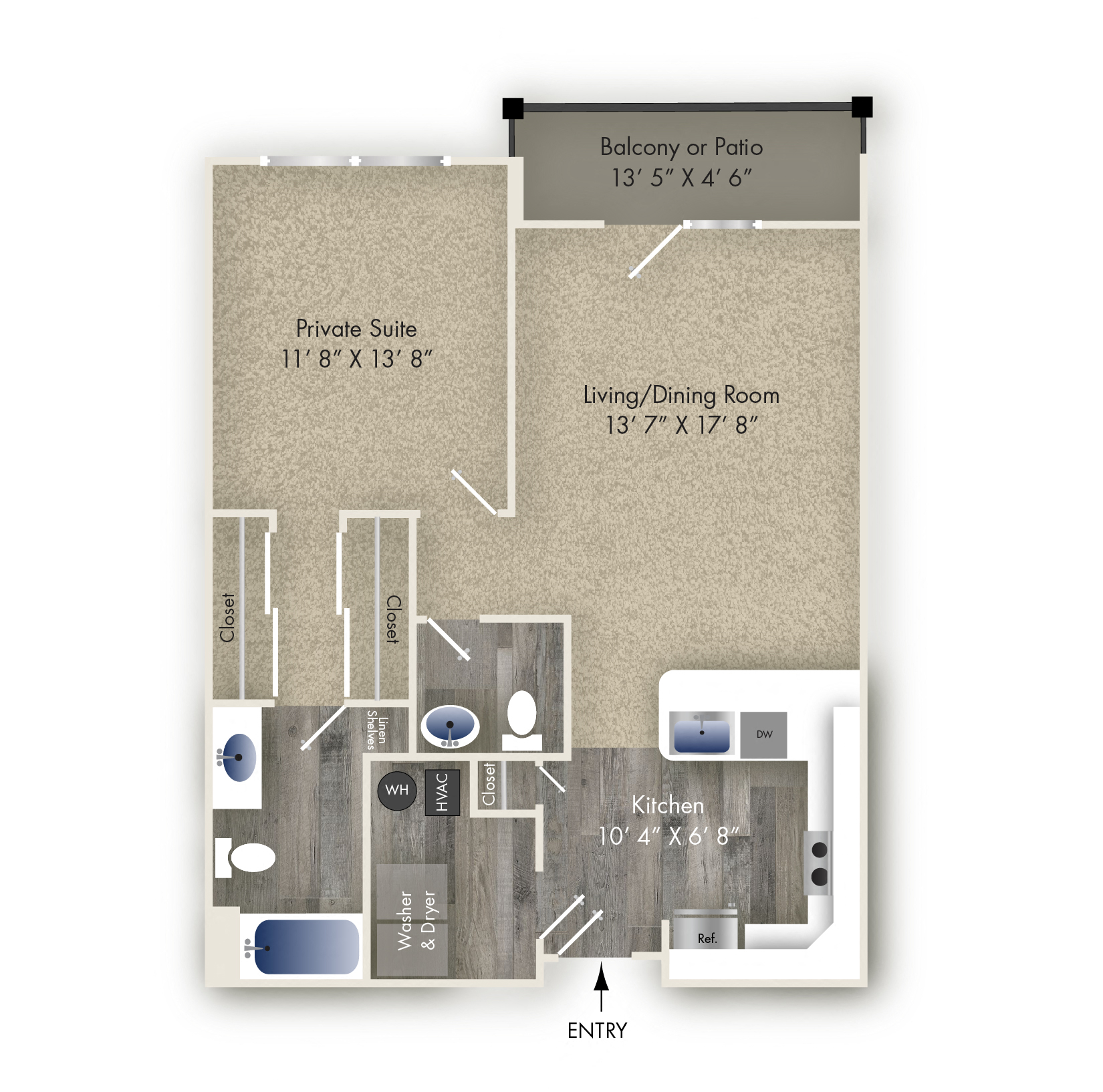 Floor plan for 1 bed, 1.5 baths, 825 sqft