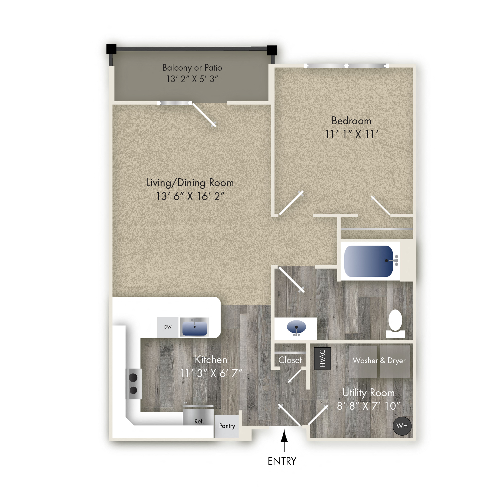 Floor plan for 1 bed, 1 bath, 740 sqft