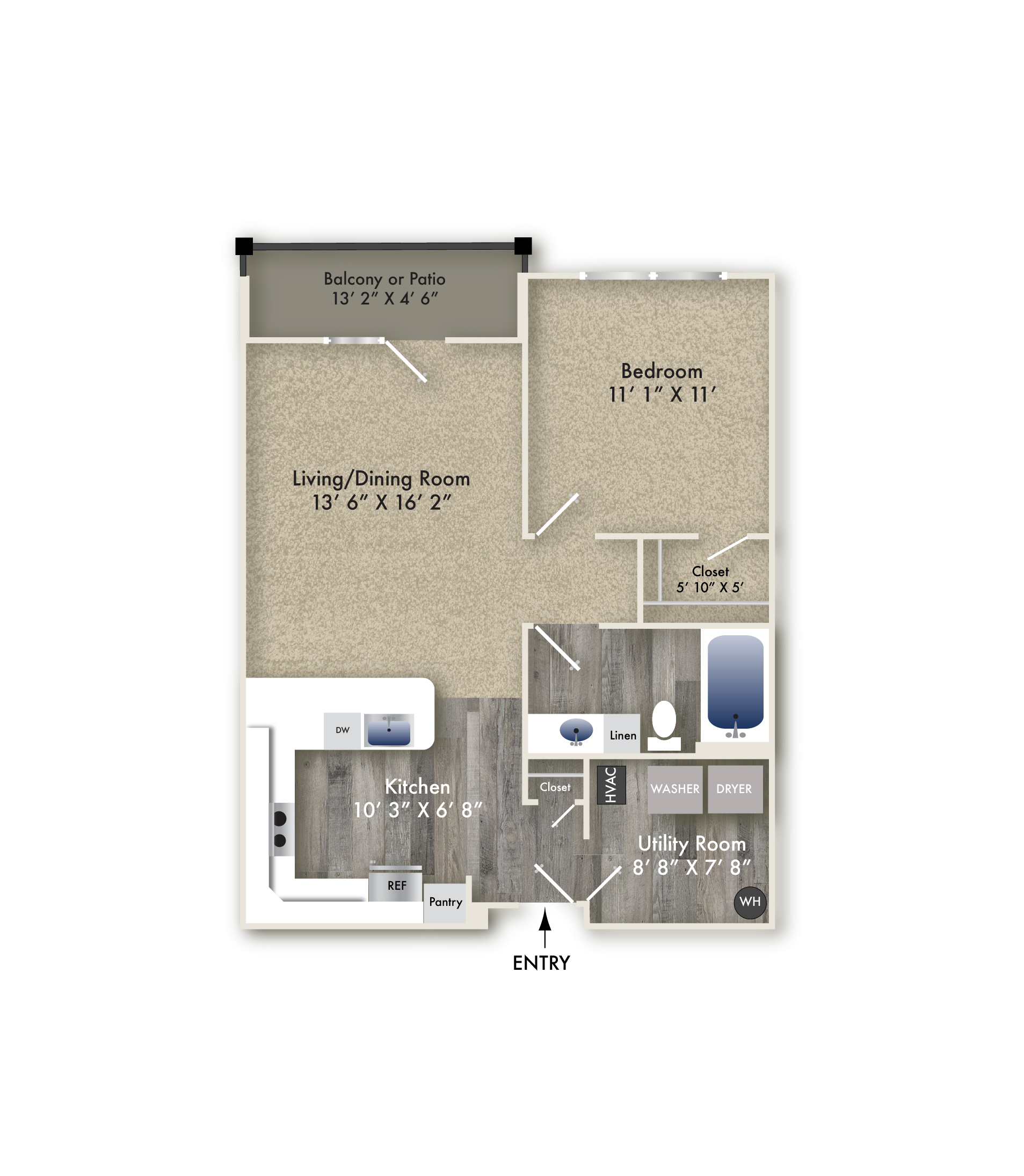Floor plan for 1 bed, 1 bath, 745 sqft