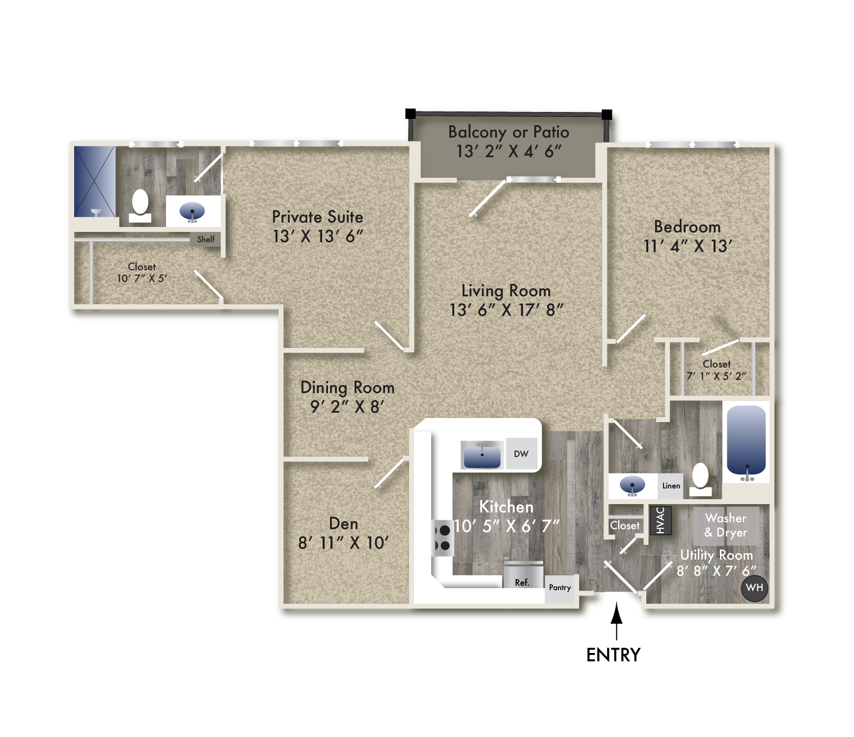 Floor plan for 2 beds, 2 baths, 1291 sqft