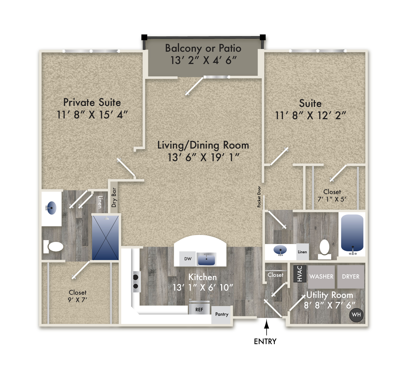 Floor plan for 2 beds, 2 baths, 1172 sqft