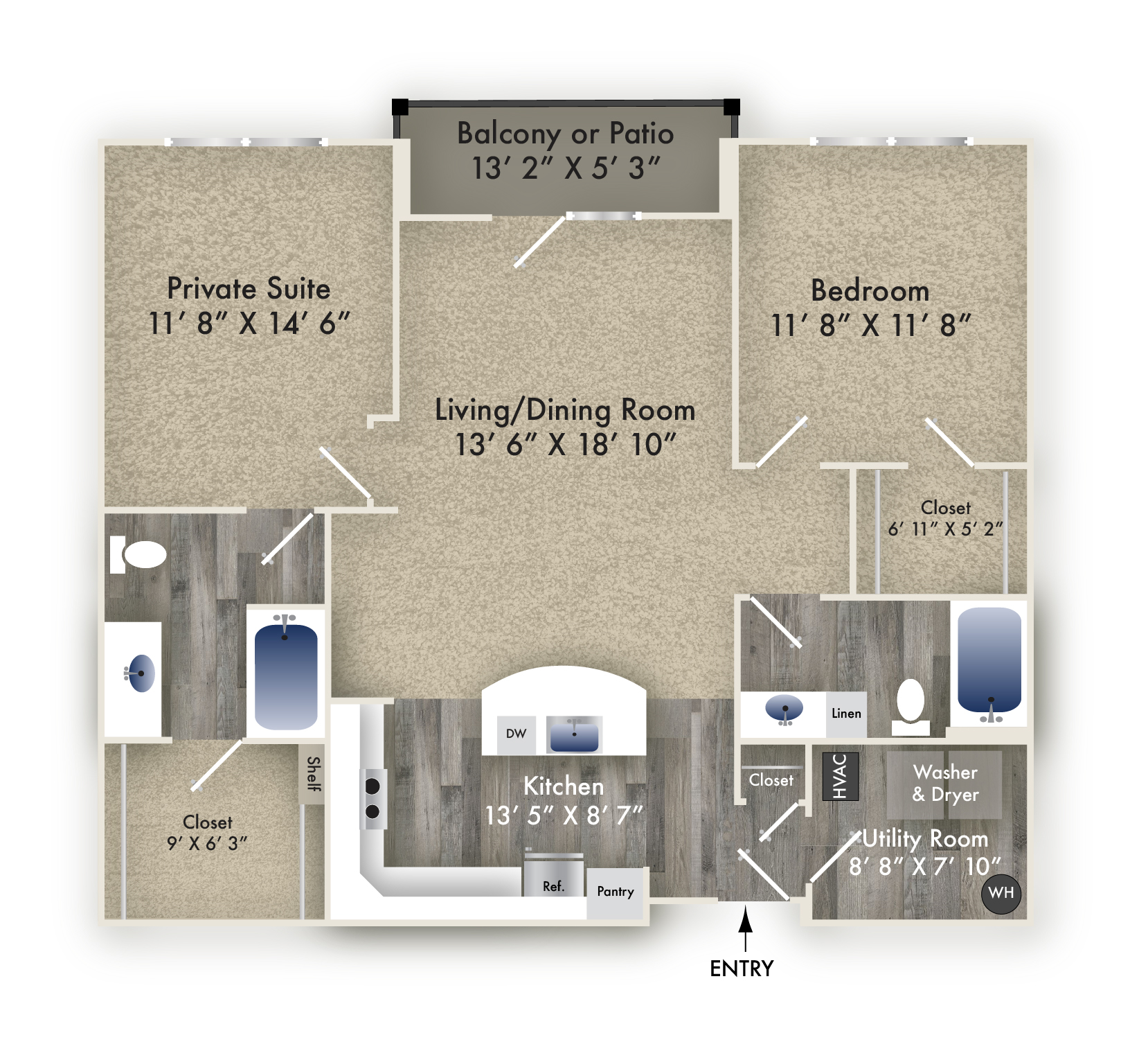 Floor plan for 2 beds, 2 baths, 1172 sqft