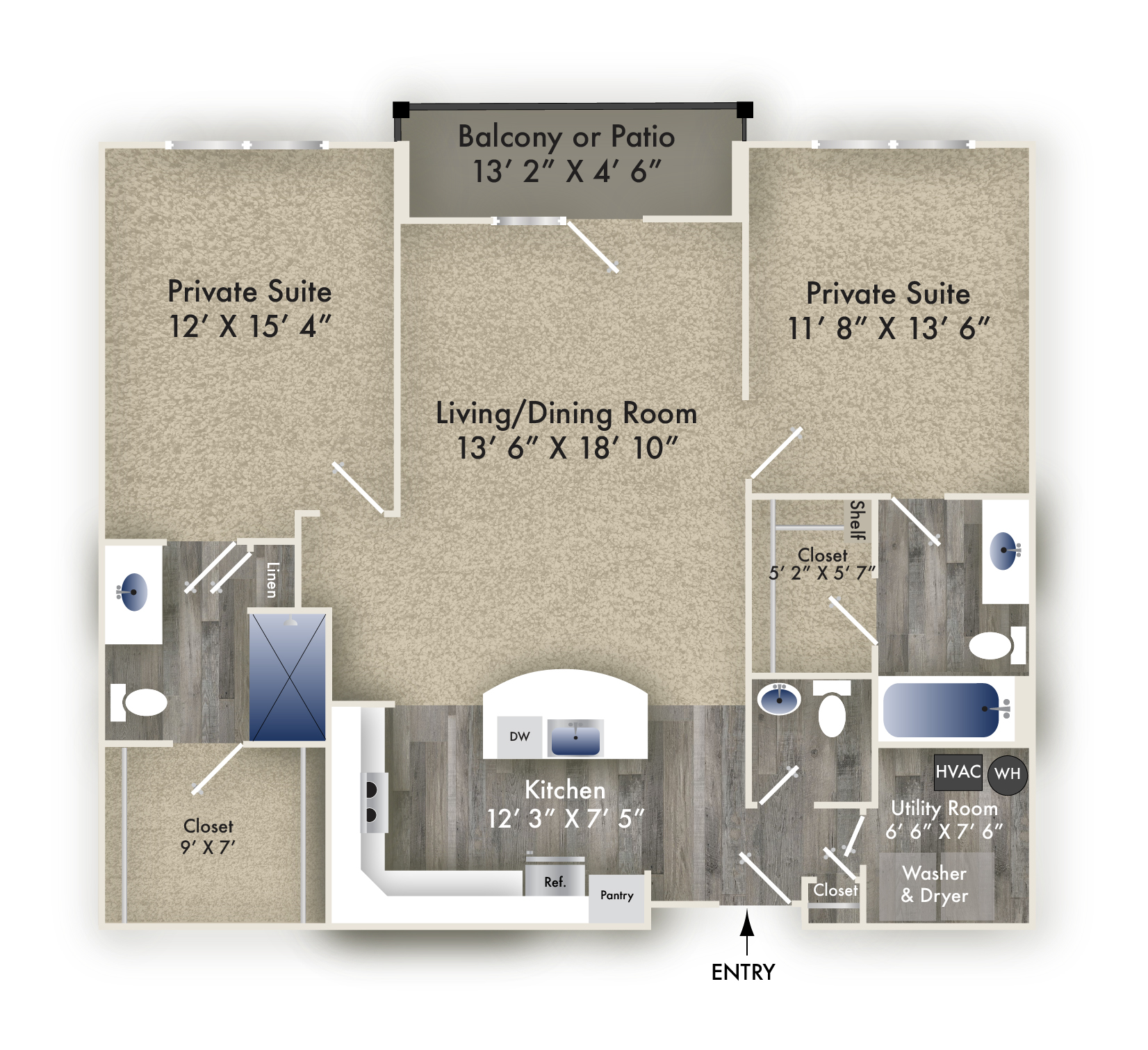 Floor plan for 2 beds, 2.5 baths, 1172 sqft