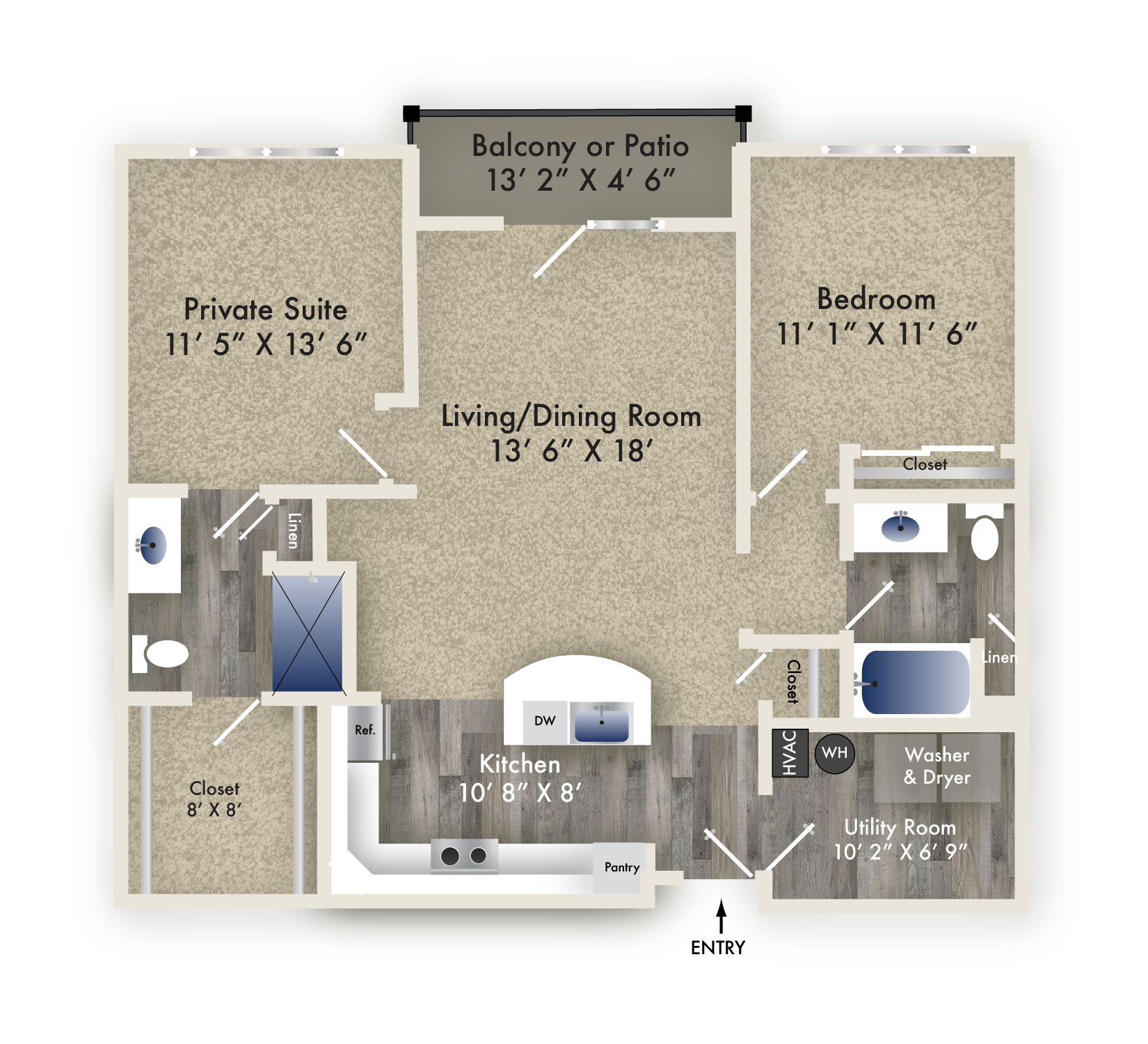 Floor plan for 2 beds, 2 baths, 1108 sqft
