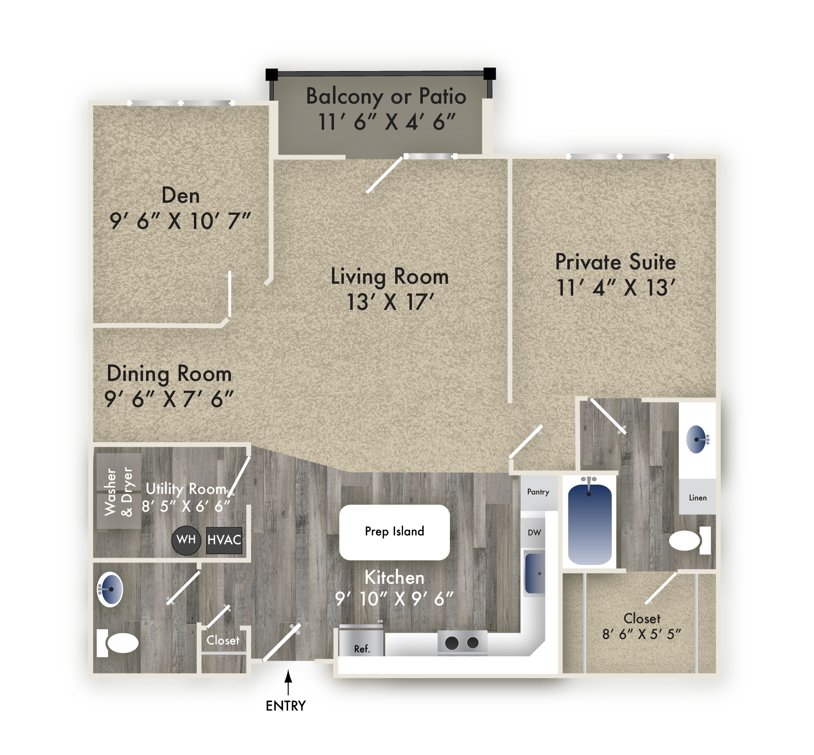 Floor plan for 1 bed, 1.5 baths, 1041 sqft
