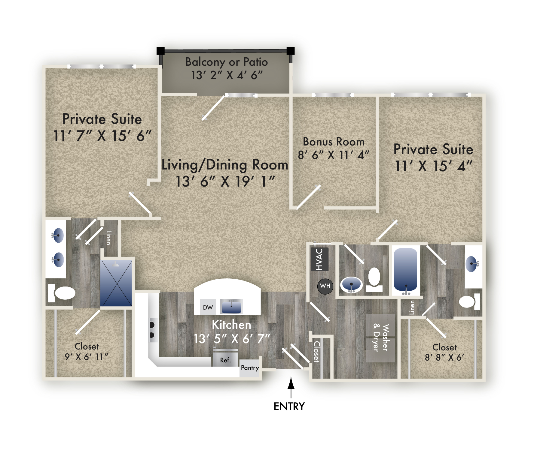 Floor plan for 2 beds, 2.5 baths, 1413 sqft