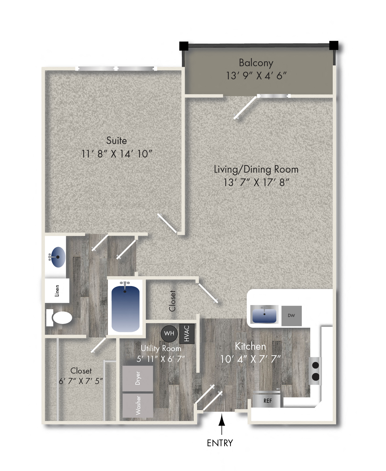 Floor plan for 1 bed, 1 bath, 830 sqft