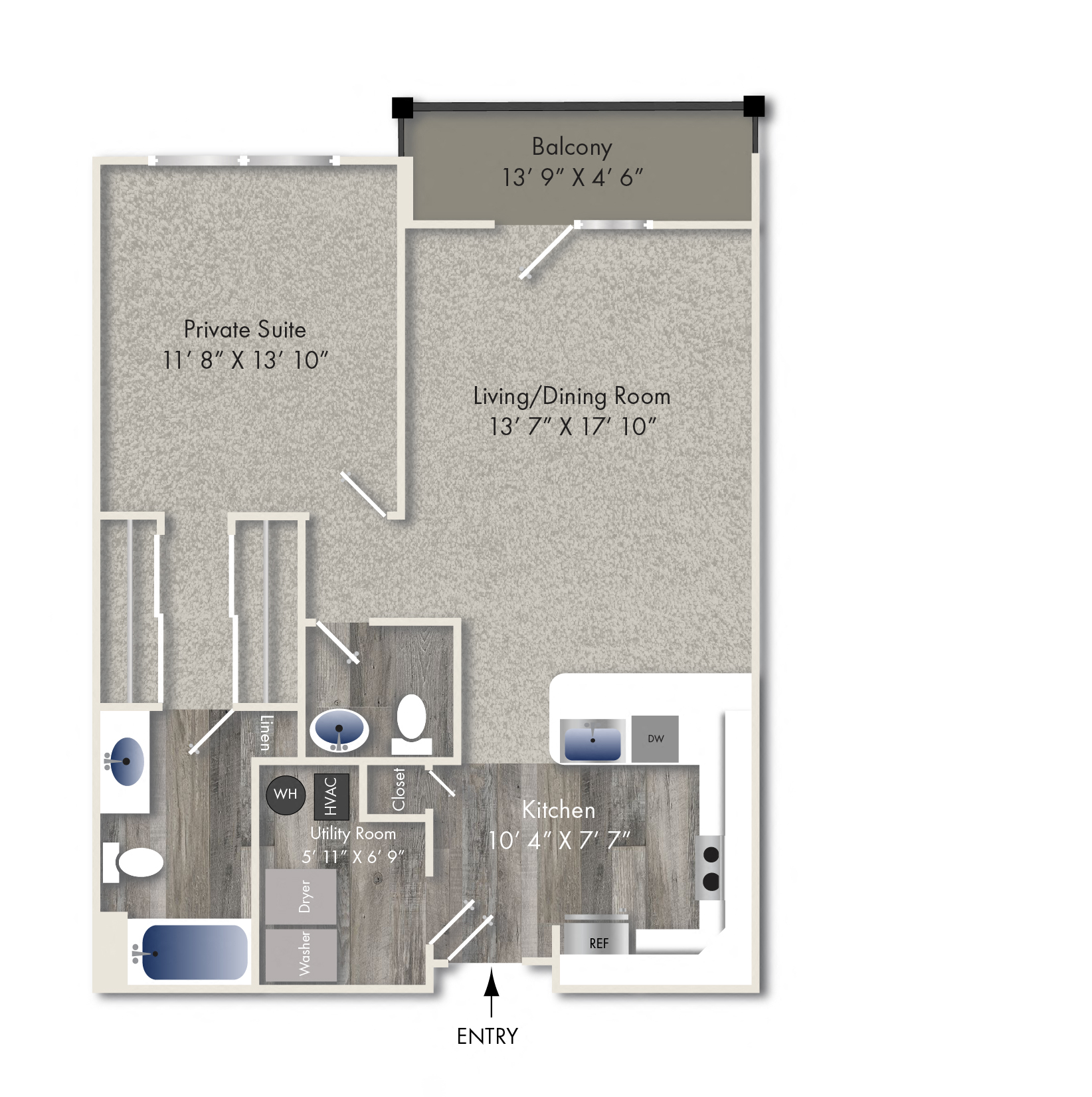 Floor plan for 1 bed, 1.5 baths, 830 sqft