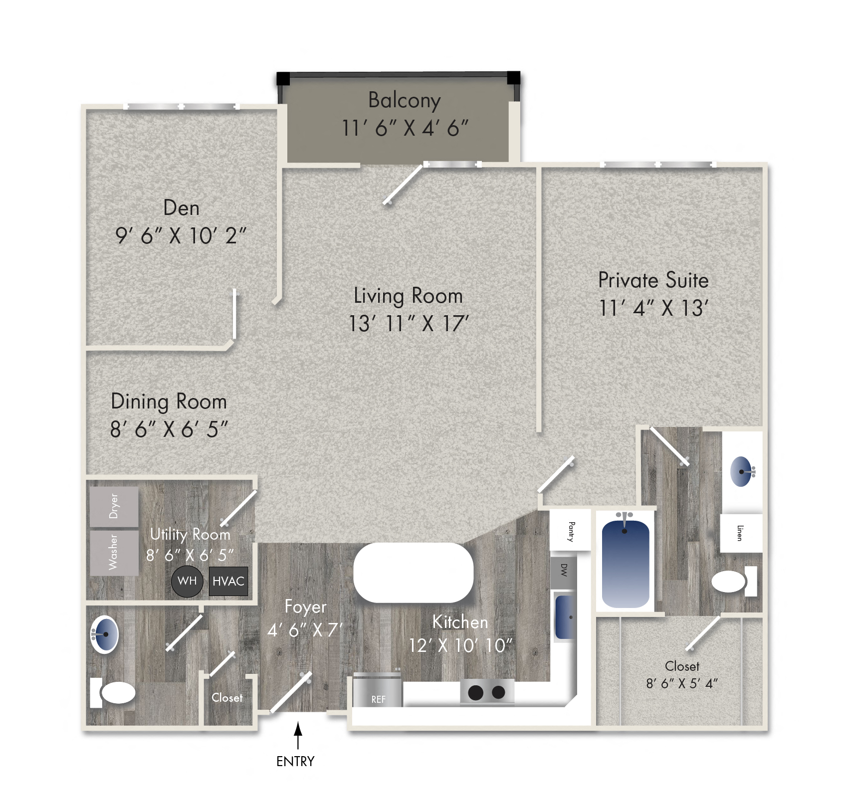 Floor plan for 1 bed, 1.5 baths, 1046 sqft