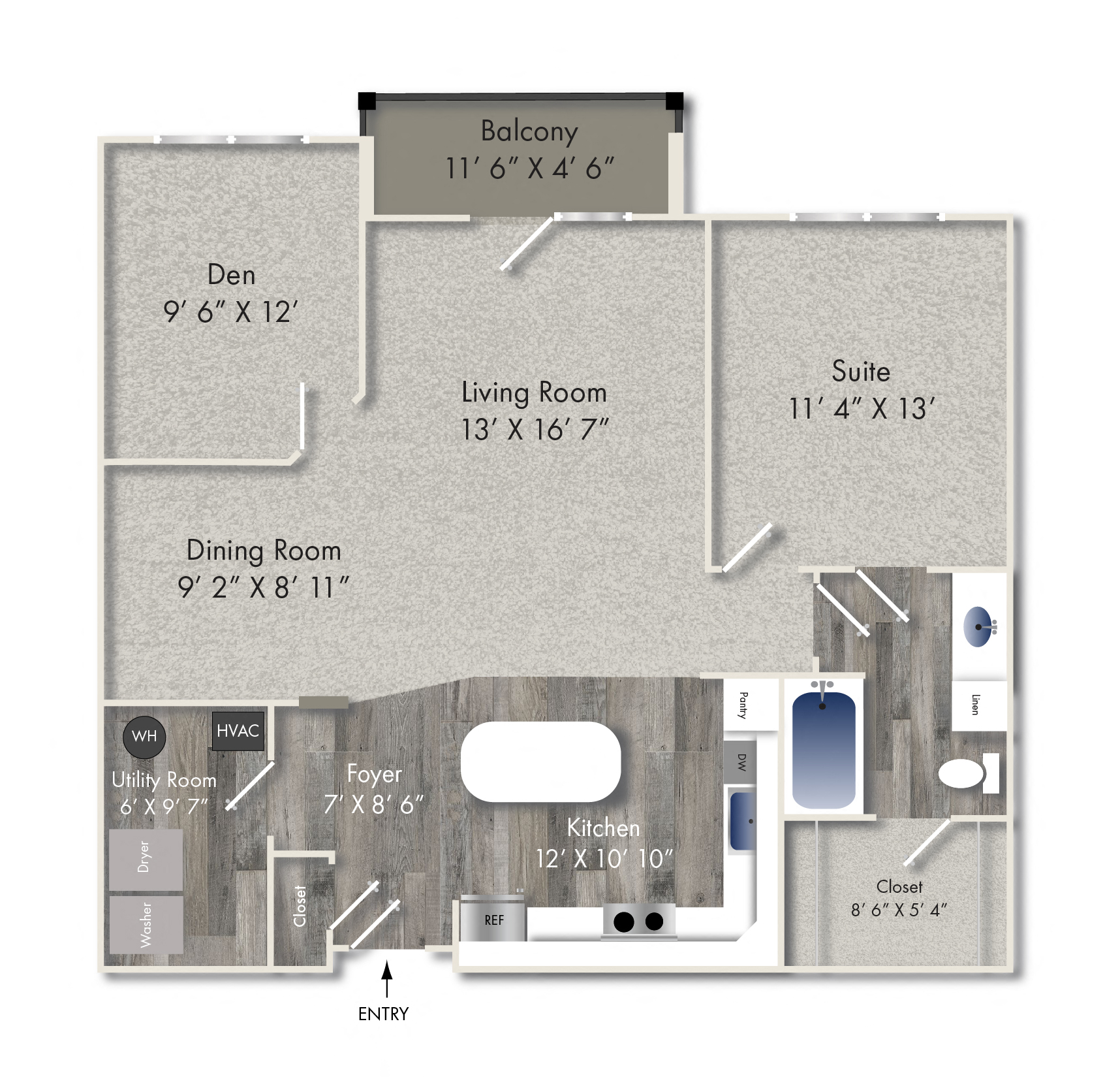 Floor plan for 1 bed, 1 bath, 1046 sqft