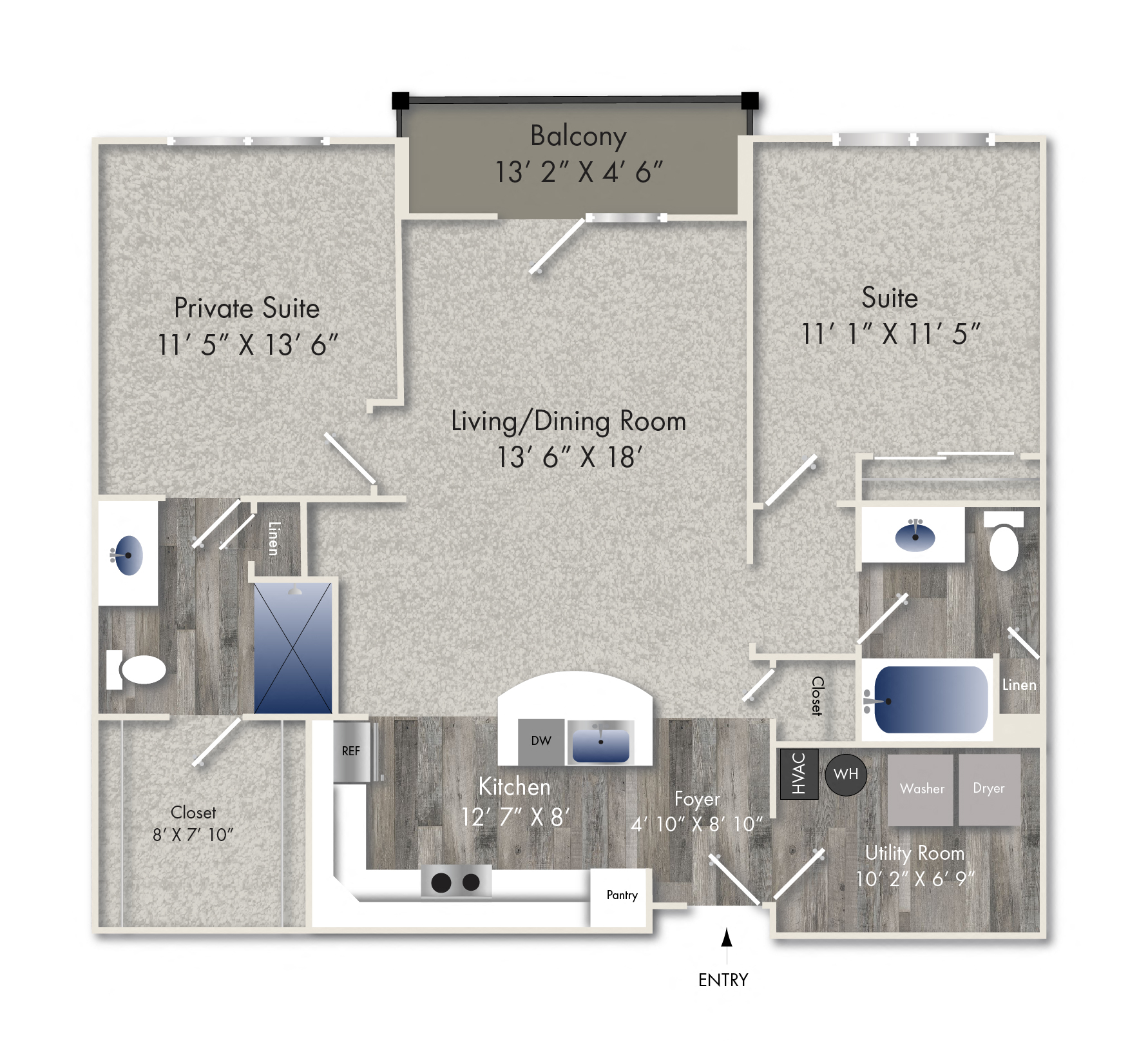 Floor plan for 2 beds, 2 baths, 1113 sqft