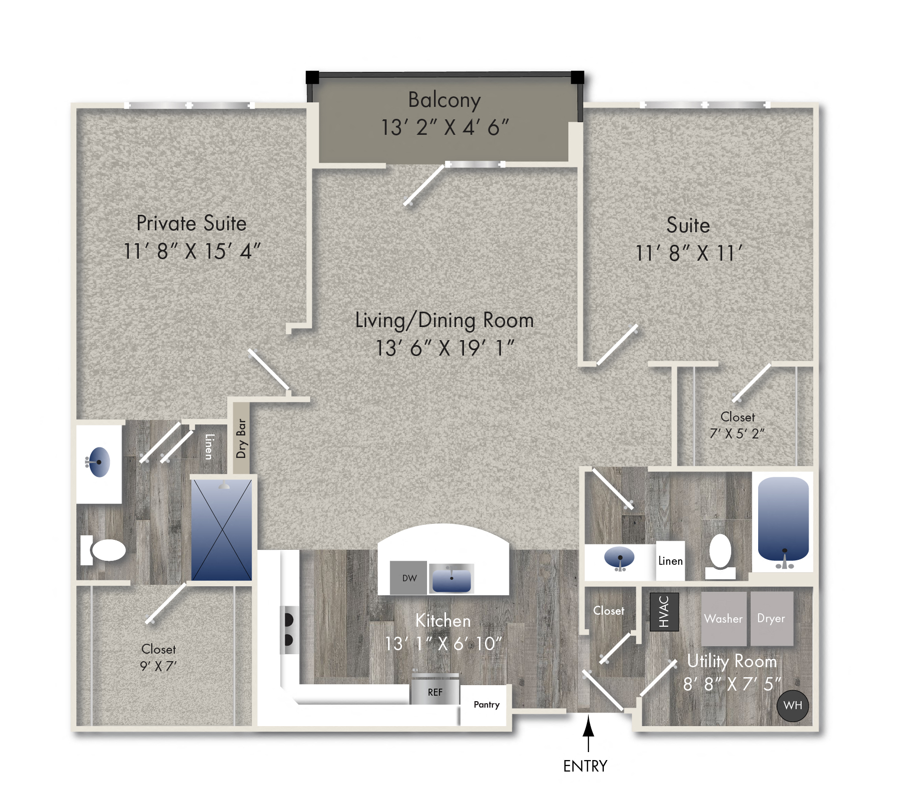 Floor plan for 2 beds, 2 baths, 1177 sqft